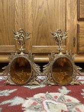 Pair Vintage Filigree Beveled Amber Glass Cherub Perfume Bottles picture