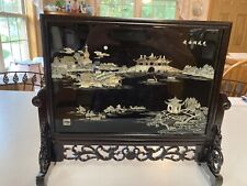 Chinese Black Lacquer Framed Panel With Inlaid Mother-of-Pearl Village Scene picture