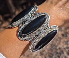Navajo Cuff Bracelet Genuine Sterling Silver Jewelry Jet Handmade NA Sz 6.75 picture