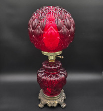Red Quilted Victorian Hurricane Glass Table Lamp Vintage Tri-light 22