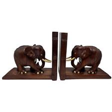  Vintage Wooden Bookends Hand Carved Elephant Bookends picture