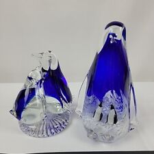 Art Glass Penguin with Baby Penguins Cobalt Blue to Clear Paperweight SET LOT 2 picture
