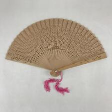Chinese Carved Santal Wood Folding Fan Vtg Round Geometric Pink Tassel 4D715 picture