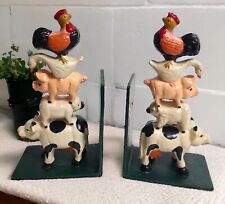 Vintage Hand Painted Cast Iron Metal Farm Animals Totem Bookends 9.5
