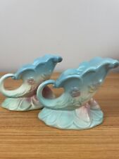 Pair Vintage Hull USA Blue Green Bowtie Cornucopia Candlestick Holders B-17 picture