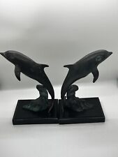 Vntg 5.5”x3.5”x8” San Pacific Int’l SPI Bronze/Brass Wood Base Dolphin Book Ends picture
