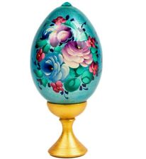 Zhostovo Wood Easter Egg on a Stand, Floral Egg Decor, Painted by Hand 4.7 inch picture