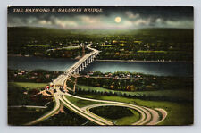 Postcard Old Lyme CT Connecticut Aerial Moonlight Raymond E Baldwin Bridge picture