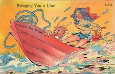 Bringing You a Line Woman in Boat Heres the Dope Linen Comic Postcard Da1056  picture