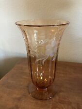 Antique Handblown Elegant Etched Glass Vase 10” Footed Amber-peach Colored picture