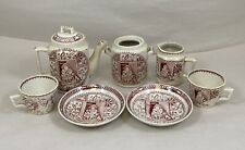 STAFFORDSHIRE LITTLE MAE RED CHILDS TEAPOT, CREAMER, SUGAR, (2) CUPS & SAUCERS picture