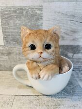 Lifelike Yellow Brown Kitten Cat in White Mug Cup Pet Pal Figurine 5.75
