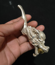 Collectible Noble copper old tibet silver carved dragon head statue smoking pipe picture