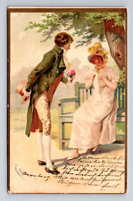 c1904 Artist Signed E Docker Romantic Bouquet Flowers Gift Man & Woman Postcard picture