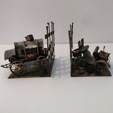 Retro Vintage Metal Old Time Car & Water Wagon Bookends 5-1/2 x 5-1/2