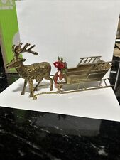 Vtg Brass Christmas Sleigh and Reindeer Decor picture