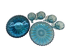 Vintage 1950 HAZEL WARE Capri Blue Glass DAISY SNACK SET 4 Plates & 4 Cups picture