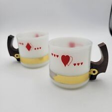 Vintage Siesta Ware Milk Glass Mugs Wooden Handle Playing Card Diamond & Heart picture