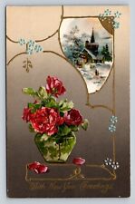 c1908 New Year Greetings, Flowers Embossed ANTIQUE Postcard picture