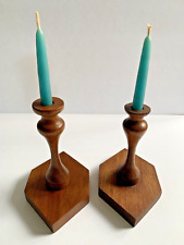 Vintage Pair/2 Wood Candle Holders Candlesticks Hexigon Diamond Shape MCM picture