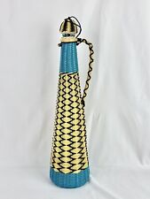 Vtg Woven Plastic Wicker Covered Cork Bottle Eclectic Boho Decor Yellow Teal picture