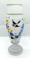 Bohemian Hand Painted Opaline Frost Glass Vase Bird Floral Enameled 10.5