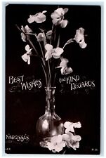 1908 Best Wishes And King Regards Flowers In Vase Still Life RPPC Photo Postcard picture
