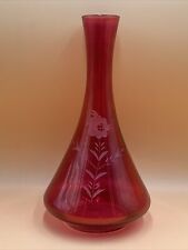 Vintage Bohemian Czhec Cut To Clear Vase,Cranberry w/ Clear Cut Blossoms. picture