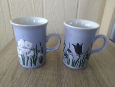 Churchill England Gray/Blue Ceramic Mugs with Flowers   VINTAGE HTF Set of 2 picture