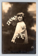 1925 RPPC Young French Flower Girl White Dress Bonne Annee Postcard picture