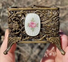 Antique - Vintage Ornate Vanity Metal Footed Box w/ Guilloche Enamel Rose picture