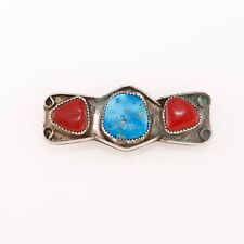 LARGE OLD PAWN MIXED METAL BLUE TURQUOISE CORAL TENDRILS THREE STONE BROOCH/PIN picture