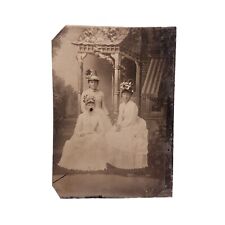 Antique Tintype Studio Photo 3 Victorian Women Sitting White Dresses Fancy Hats picture