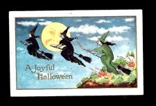 c1912 Halloween Postcard Moon Over 3 Witches Flying On Broom Sticks picture