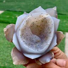 322G Natural GEODE Agate Hand Carved Lotus Quartz Crystal Reiki Healing Gift picture