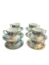 WEDGWOOD HATHAWAY ROSE FOOTED TEACUP AND SAUCER SET - SET OF 8 picture