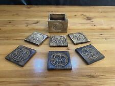 Vintage 6 Wood Hand Carved Elephant Coaster Set & Holder Made In India picture