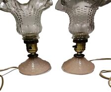 Fenton Pink Hobnail Glass Base Boudoir Lamps Clear Ruffled Shades 1950s Set Of 2 picture