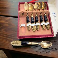 Thai Lapidary Set of 6 Brass Buddha Spoons in Box Bangkok Thailand Vintage  picture