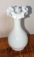 Antique Victorian Hand Blown White Opaline Crimped Ruffled Vase 7.75