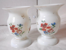 2 Czechoslovakia Hand Painted Floral White Milk Glass Miniature Pedestal Vases picture