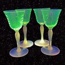 Vintage Pink Glass Goblet Drinking Glasses Set 4 Manganese 365nm Green UV Glow picture