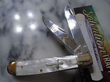 Salvation Cross Trapper 2 Blade Pocket Knife John 3:16 White Pearl Acrylic New picture