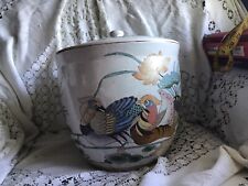 Vtg Large Enameled Mandarin Duck Fish Louts Planter Ginger Jar Lid Hand Painted picture
