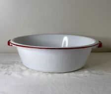Large White Red Enamel Ware Round Tub Wash Bowl 16” With Hang Hole & Handles picture