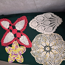 Lot of 4 Vintage Hand Crocheted Doilies Purple Yellow Star, Round, and Pineapple picture