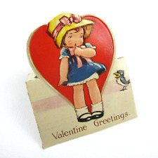 Vintage Valentine Card Cutout Stand Up Girl Straw Hat Blue Dress Bird UNSIGNED picture