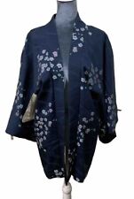 AUTHENTIC Kimono Japanese Vintage Silk Women Haori Jacket Blue Cherry Blossom picture