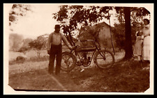 RPPC Motorized Bicycle Man Barn Women Girl in Dresses picture