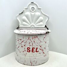 French Enamel SEL Salt Box Hinged Lid canister Red White Vintage Rare picture